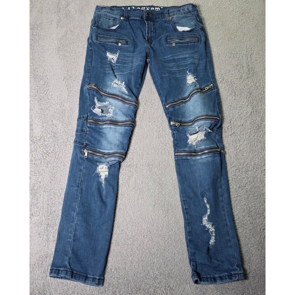 Kilogram Mens 32x30 Moto Jeans Blue Distressed Zipper Biker Slim Fit Denim